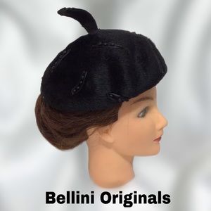 Vintage Fascinator LaVienne Black Fur Hat, 1950’s, Beads, Top‎ Tab